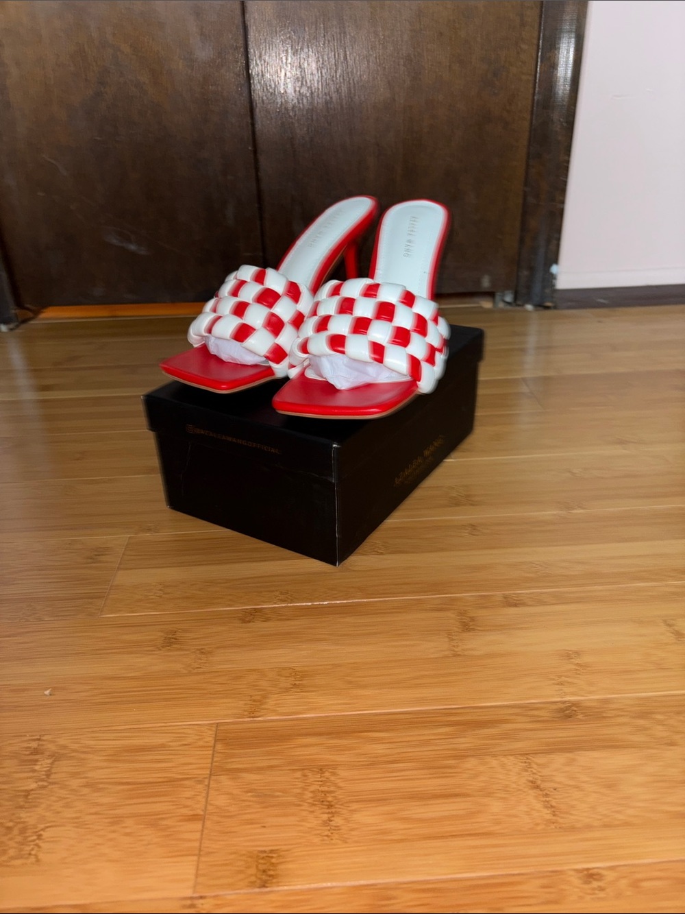 Red & White Woven Slide Mules with Square Toe